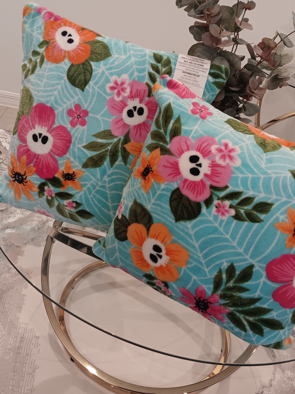 & Other Stories Aqua Floral Skull Accent Pillow with Pink and Orange Blooms